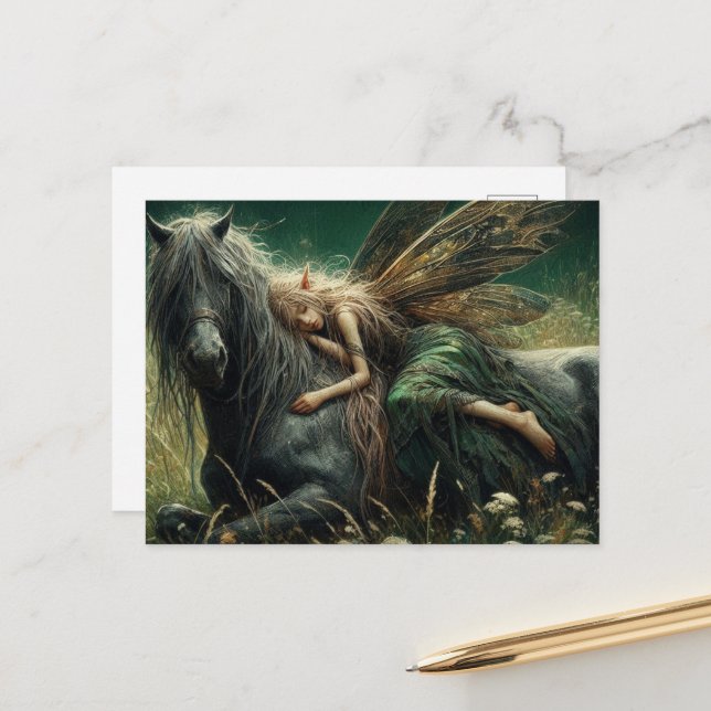 Carte Postale Dors de fée sur son cheval (Devant/Arrière en situation)