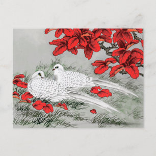 Carte Postale Doses blanches vintages et Feuilles rouges en gris