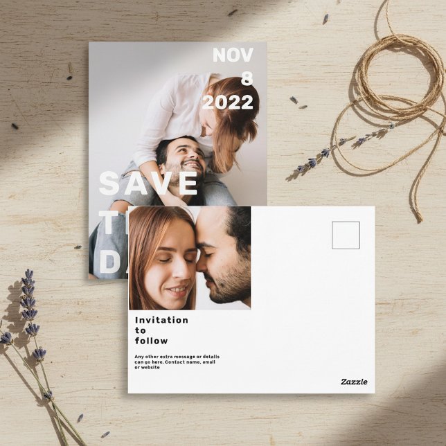 Carte Postale Double photo moderne grand et audacieux enregistre (Double photo modern big and bold save the date inv postcard.)