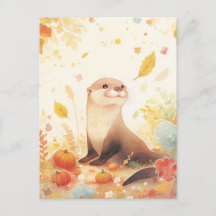 Carte Postale Douce Loutre dans le Champ de Citrouilles d'Automn