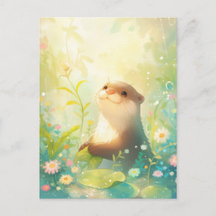 Carte Postale Douce Loutre dans Prairie de Pluie Ensoleillée
