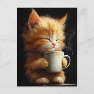 Carte Postale Douce petite chatte rousse avec un café