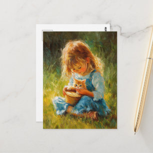 Carte Postale Douce Petite Fille Adorable et Son Chaton