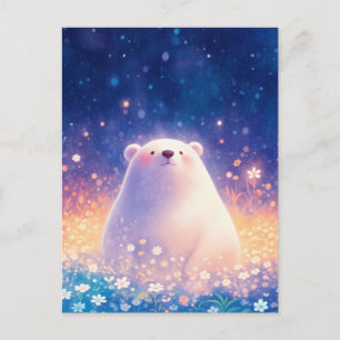 Carte Postale Douce petite ours polaire dans une prairie étoilée