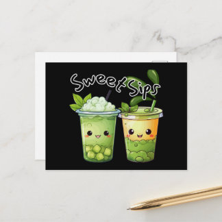 Carte Postale Douces Gorgées Kawaii Duo de Bubble Tea