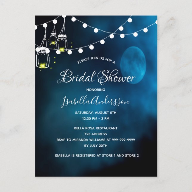 Carte Postale Douche nuptiale bleu lune lumières rustique mason  (Devant)