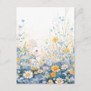 Carte Postale Doux Lapin Blanc dans la Prairie de la Marguerite 