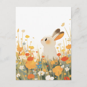 Carte Postale Doux Lapin Blanc dans une Prairie Ensoleillée de F
