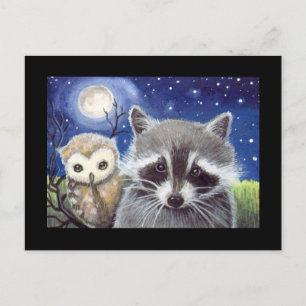 Carte Postale Doux Raton laveur et Art de hibou