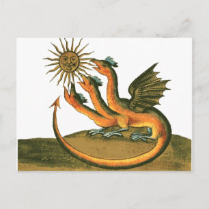 Carte Postale Dragon alchimique à trois têtes et soleil