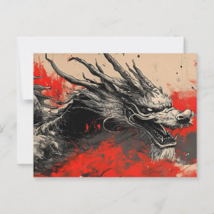 Carte Postale Dragon chinois majestueux avec plaque d'encre roug