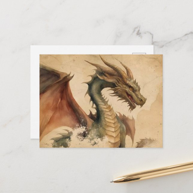 Carte Postale Dragon d'aquarelle vintage (Devant/Arrière en situation)
