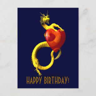 Carte Postale Dragon D'Or Au Grand Coeur Rouge