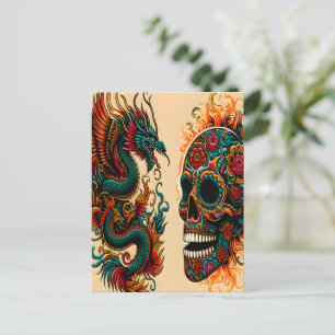 Carte Postale Dragon et crâne de sucre Journée de l'art mort
