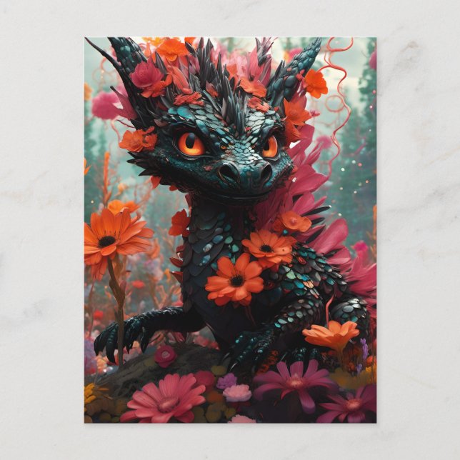 Carte Postale Dragon floral noir mignon (Devant)