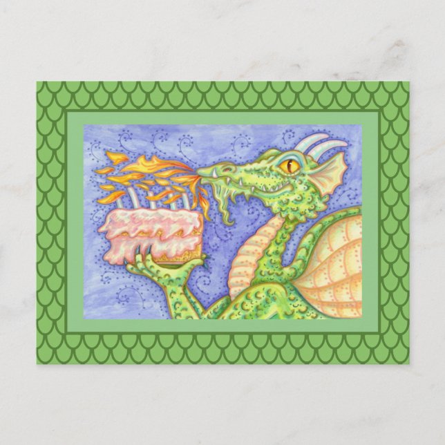 CARTE POSTALE DRAGON QUI RESPIRE LE FEU ALLUMANT DES BOUGIES D'A (Devant)