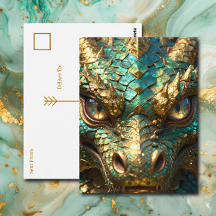 Carte Postale Dragon Turquoise et Or Garder le Contact
