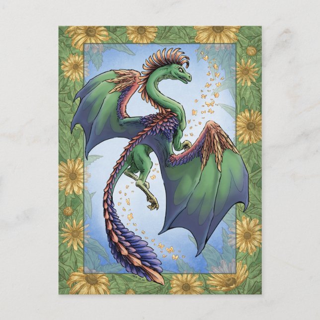 Carte Postale Dragon vert d'été Nature Imaginaire Art (Devant)