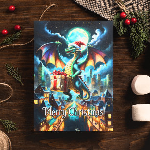 Carte Postale Dragon Vert Livrant des Cadeaux de Noël