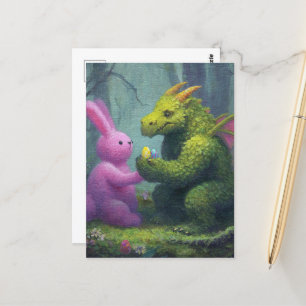 Carte Postale Dragon vert mignon et Aquarelle de lapin de Pâques
