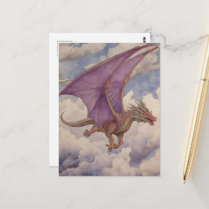 Carte Postale Dragon Vintage Ailes Violettes Aquarelle dans les