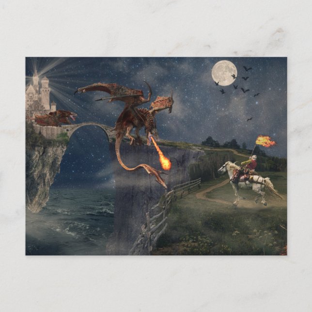 Carte Postale Dragon Wyverne rouge contre Chevalier (Devant)