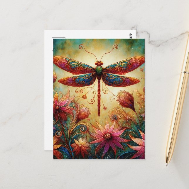 Carte Postale Dragonfly lunaire Floral Art Abstrait Turquoise ro (Devant/Arrière en situation)