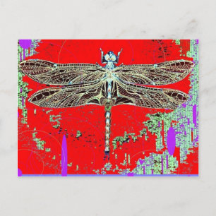 Carte Postale Dragonfly noir blanc sur rouge-violet par Sharles