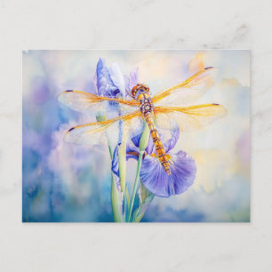 Carte Postale Dragonfly reposant sur une peinture à l'aquarelle 