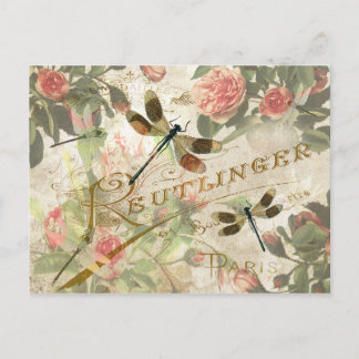 Carte Postale Dragonfly vintage et Roses