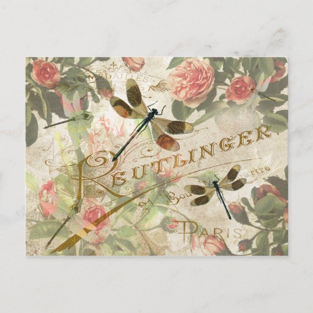 Carte Postale Dragonfly vintage et Roses (Devant)