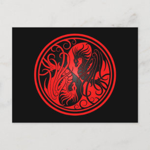 Carte Postale Dragons Yin Yang - rouge et noir