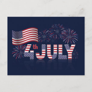 Carte Postale Drapeau américain 4 juillet et feux d'artifice