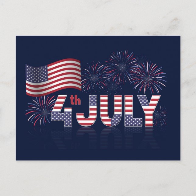 Carte Postale Drapeau américain 4 juillet et feux d'artifice (Devant)