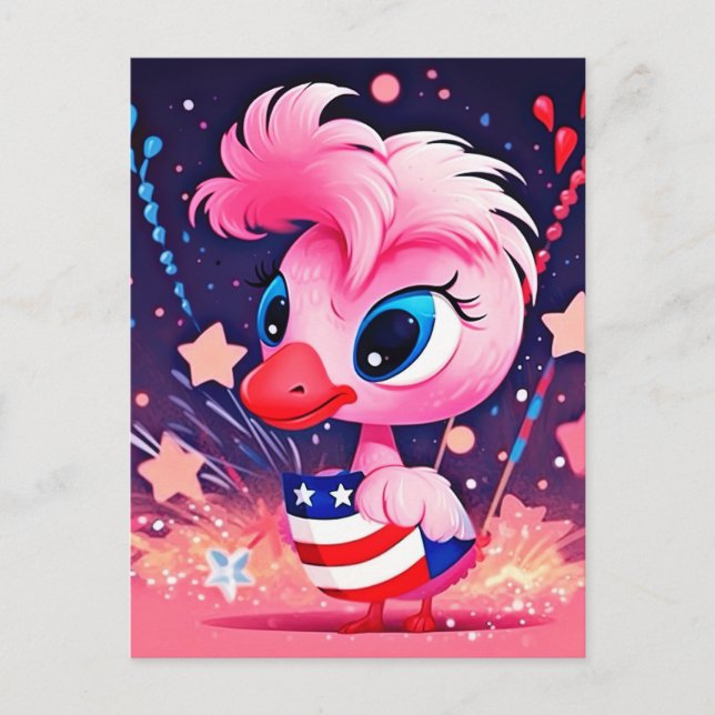 Carte Postale Drapeau américain avec Flamant rose Cartoon-69216 (Devant)