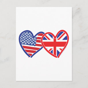 Carte Postale Drapeau américain/Drapeau Union Jack Cœurs