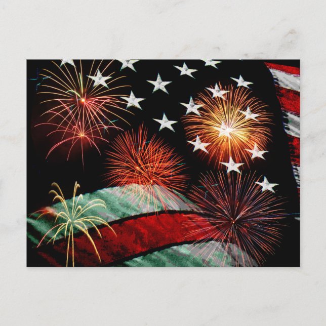 Carte Postale Drapeau américain et feux d'artifice (Devant)