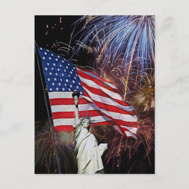Carte Postale Drapeau américain, feux d'artifice et statue de la (Devant)