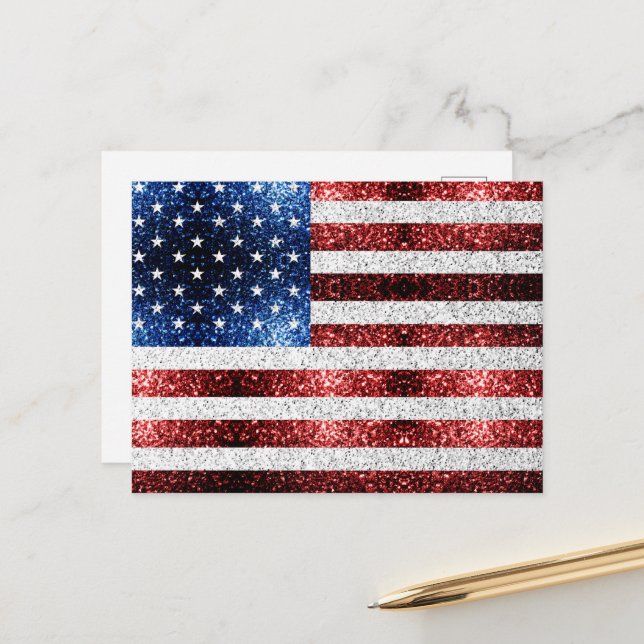 Carte Postale drapeau américain rouge blanc brillant parties sci (Devant/Arrière en situation)