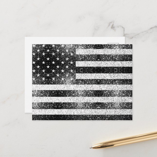 Carte Postale Drapeau américain Rustique Noir Blanc Gris Étincel (Devant/Arrière en situation)