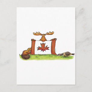 Carte Postale Drapeau canadien avec orignal, castor et oie