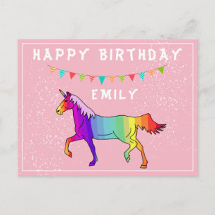 Carte Postale Drapeau de Bunting Unicorn coloré rose Joyeux Anni