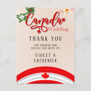 Carte Postale Drapeau du Canada et fleurs Mariage Merci