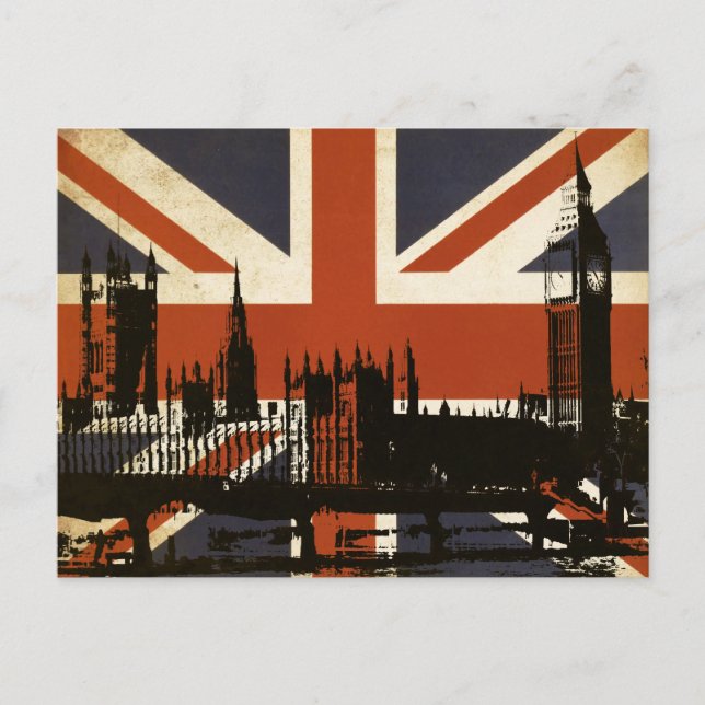 Carte Postale Drapeau du Royaume-Uni avec Silhouette du Parlemen (Devant)