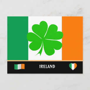 Carte Postale Drapeau irlandais & feuille de trèfle chanceux / C