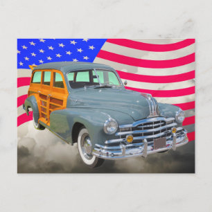 Carte Postale Drapeau Pontiac Silver Streak Woody Et États-Unis 