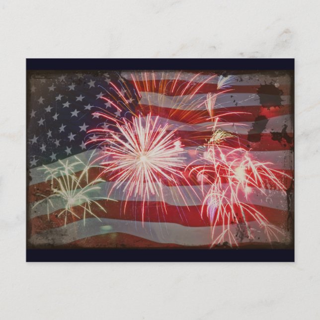 Carte Postale Drapeau rétro et feux d'artifice (Devant)