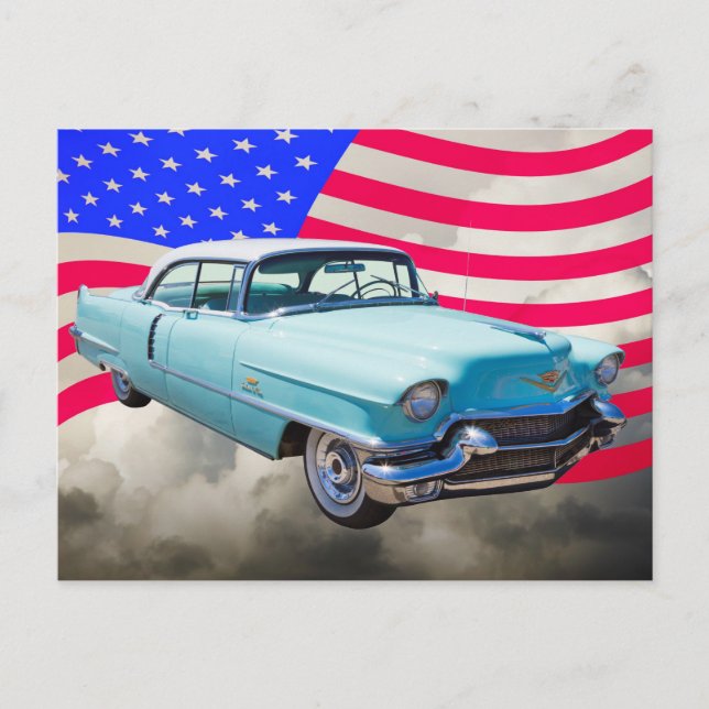 Carte Postale Drapeau Sedan Deville Cadillac 1956 Et Américain (Devant)