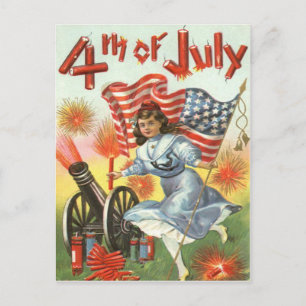 Carte Postale Drapeau US Cannon Fille Feu d'artifice Feu d'artif