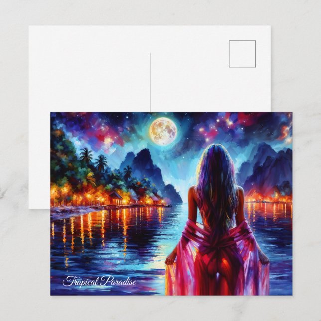 Carte Postale Dreamsea beach fille avec lune et lumières (Devant / Derrière)